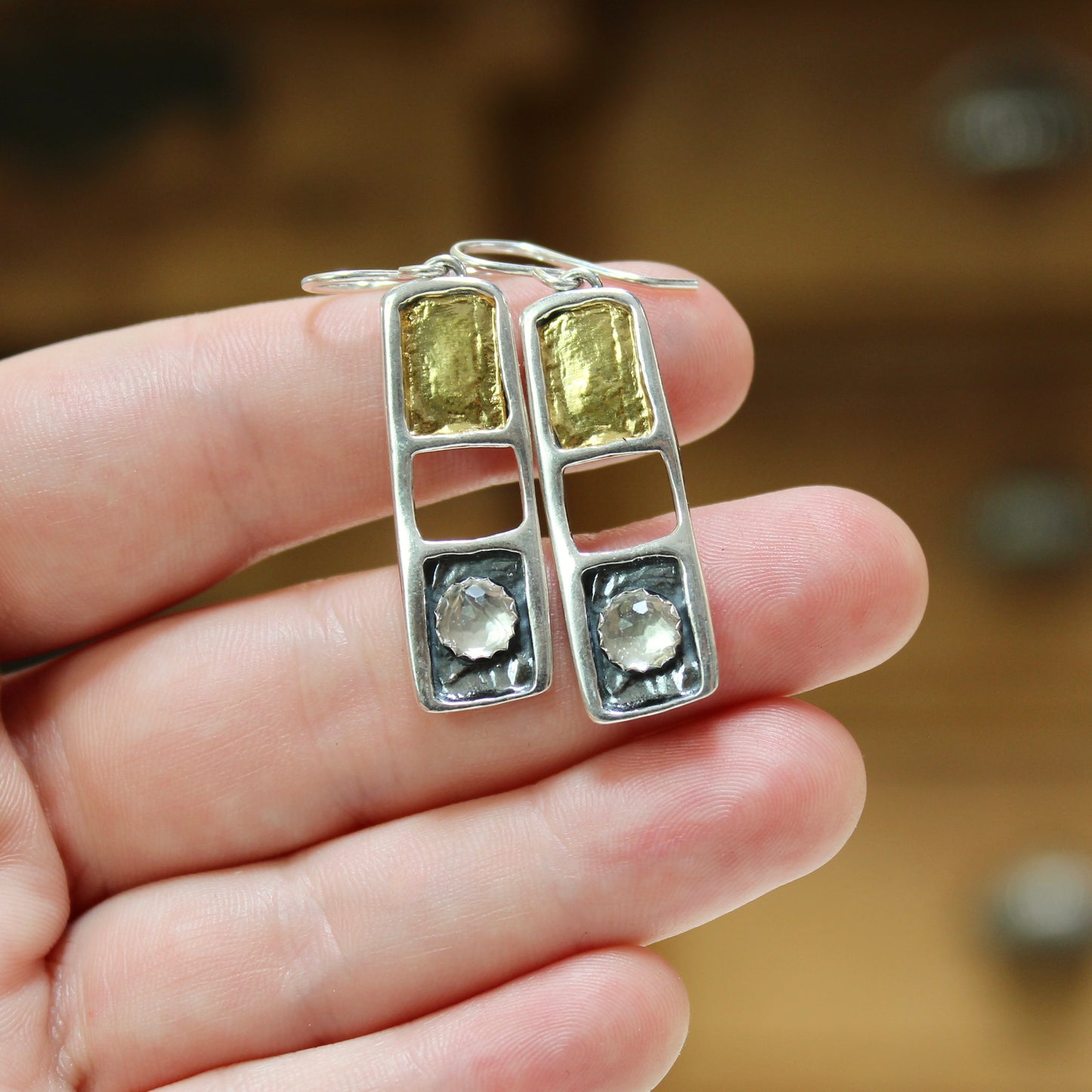 White Topaz, 24K Gold and Sterling Silver Dangles - Modern Design Earrings