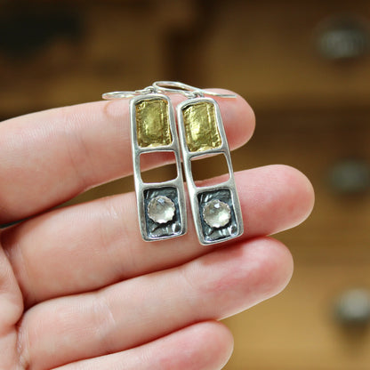 White Topaz, 24K Gold and Sterling Silver Dangles - Modern Design Earrings