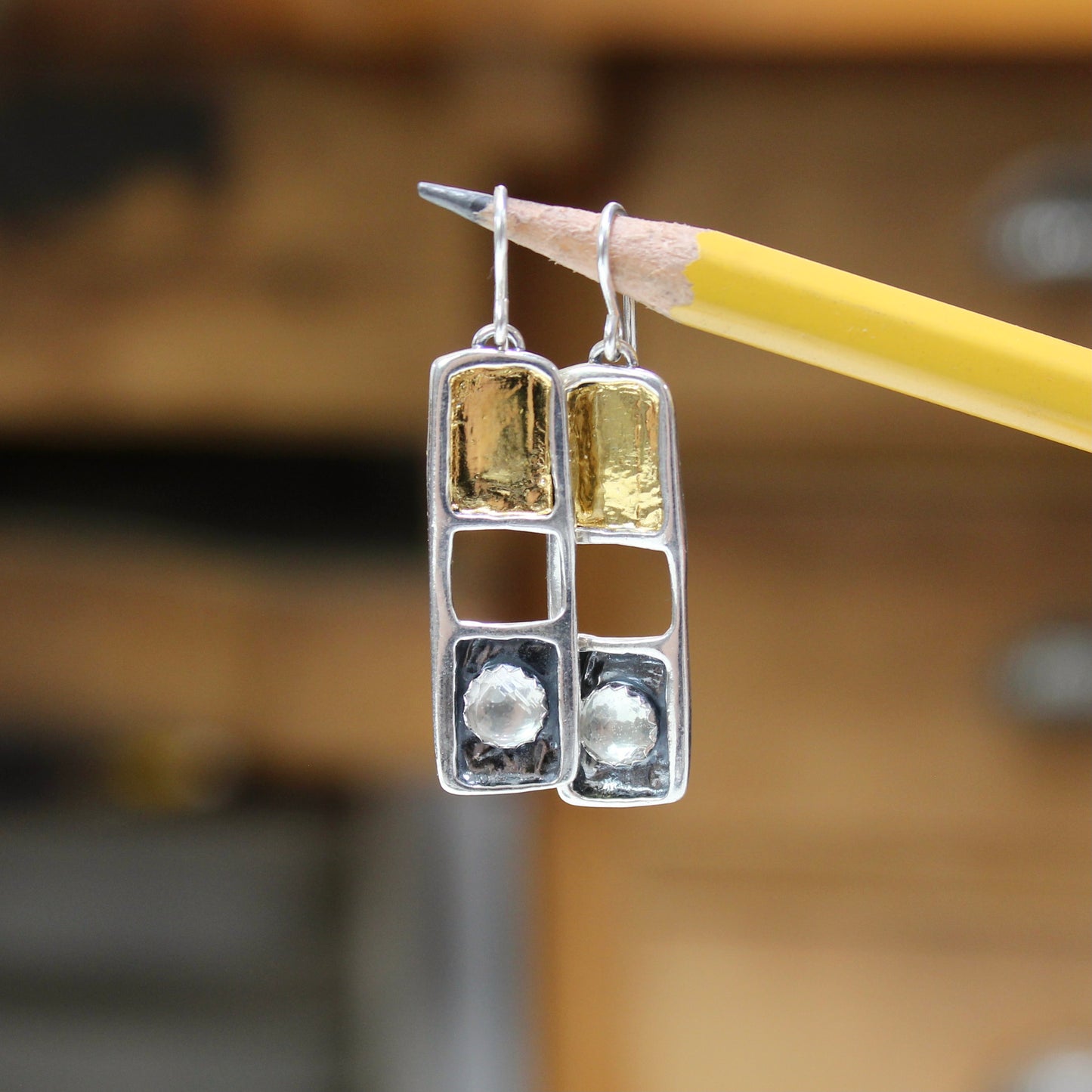 White Topaz, 24K Gold and Sterling Silver Dangles - Modern Design Earrings