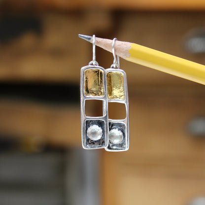 White Topaz, 24K Gold and Sterling Silver Dangles - Modern Design Earrings