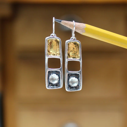 White Topaz, 24K Gold and Sterling Silver Dangles - Modern Design Earrings