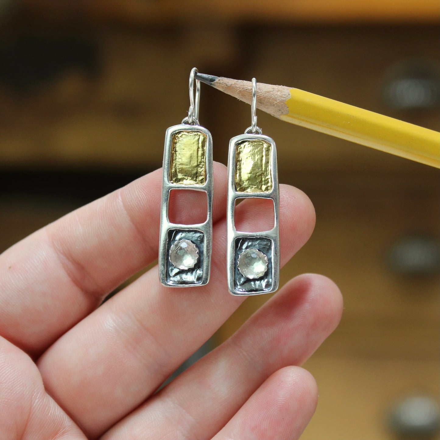 White Topaz, 24K Gold and Sterling Silver Dangles - Modern Design Earrings