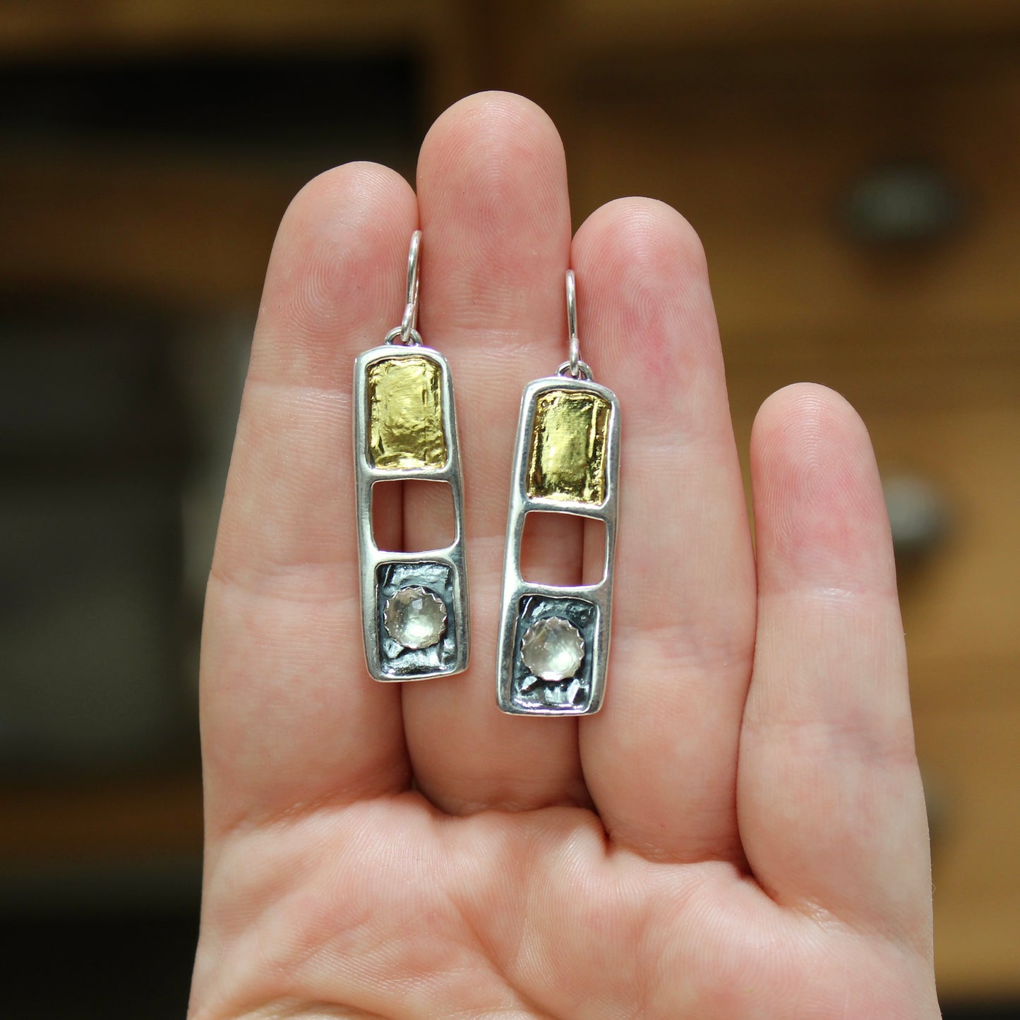 White Topaz, 24K Gold and Sterling Silver Dangles - Modern Design Earrings