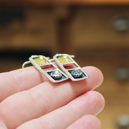 White Topaz, 24K Gold and Sterling Silver Dangles - Modern Design Earrings