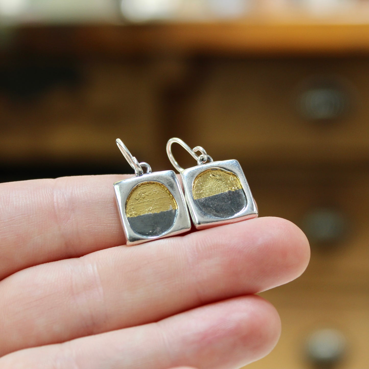 Keum-Boo Earrings: 24K Gold and Sterling Silver Half Circle Dangles