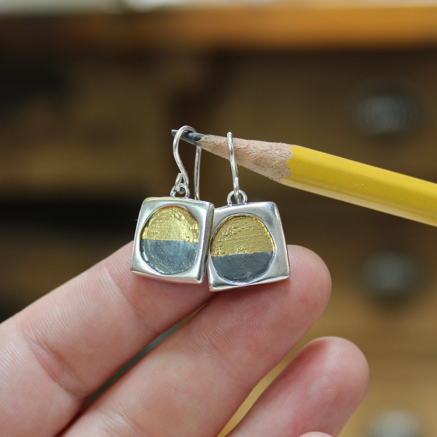 Keum-Boo Earrings: 24K Gold and Sterling Silver Half Circle Dangles