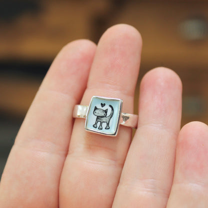 Sterling Silver and Enamel Love Cat Ring - Cat Jewelry - Vintage Style Illustration - Sweet Cat
