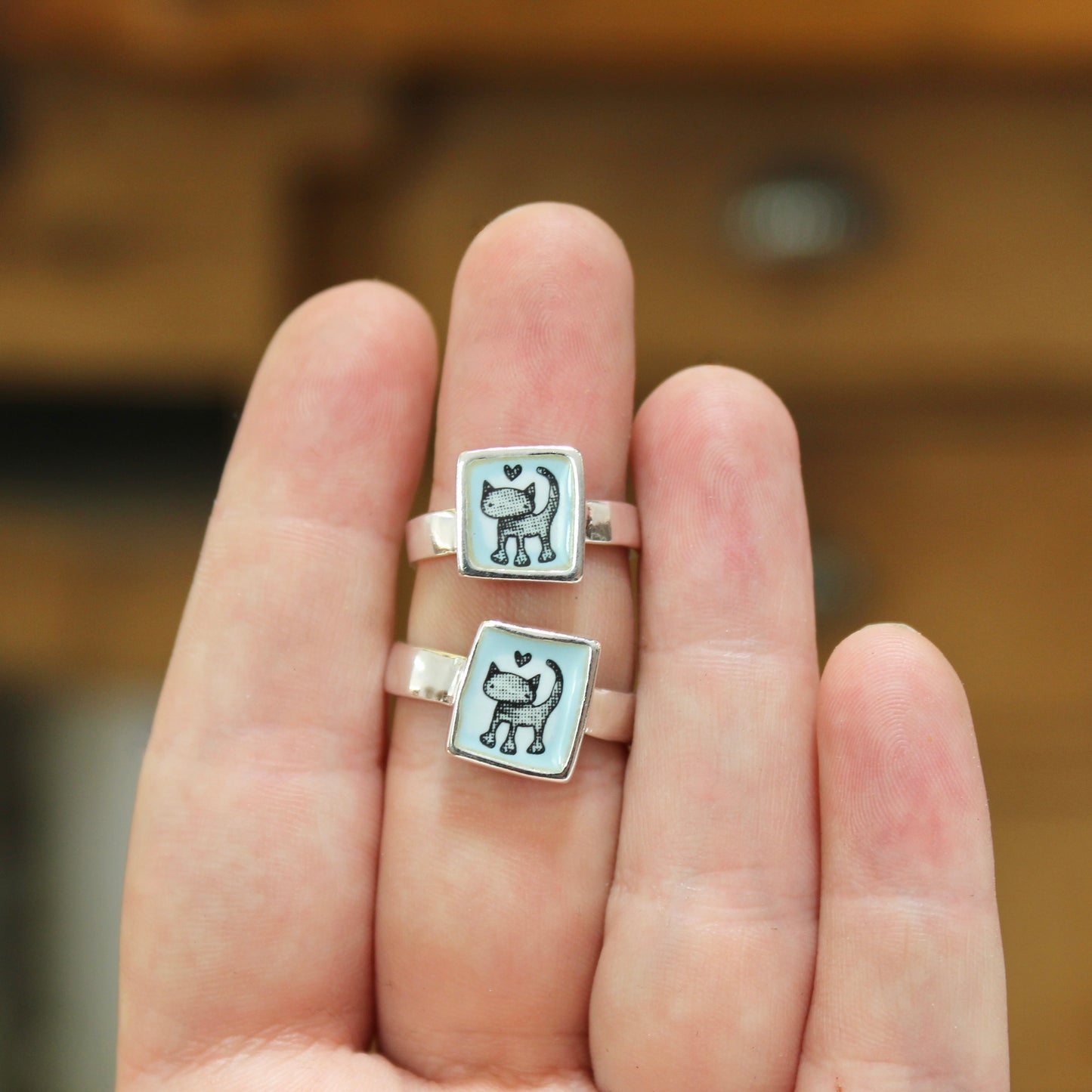Sterling Silver and Enamel Love Cat Ring - Cat Jewelry - Vintage Style Illustration - Sweet Cat