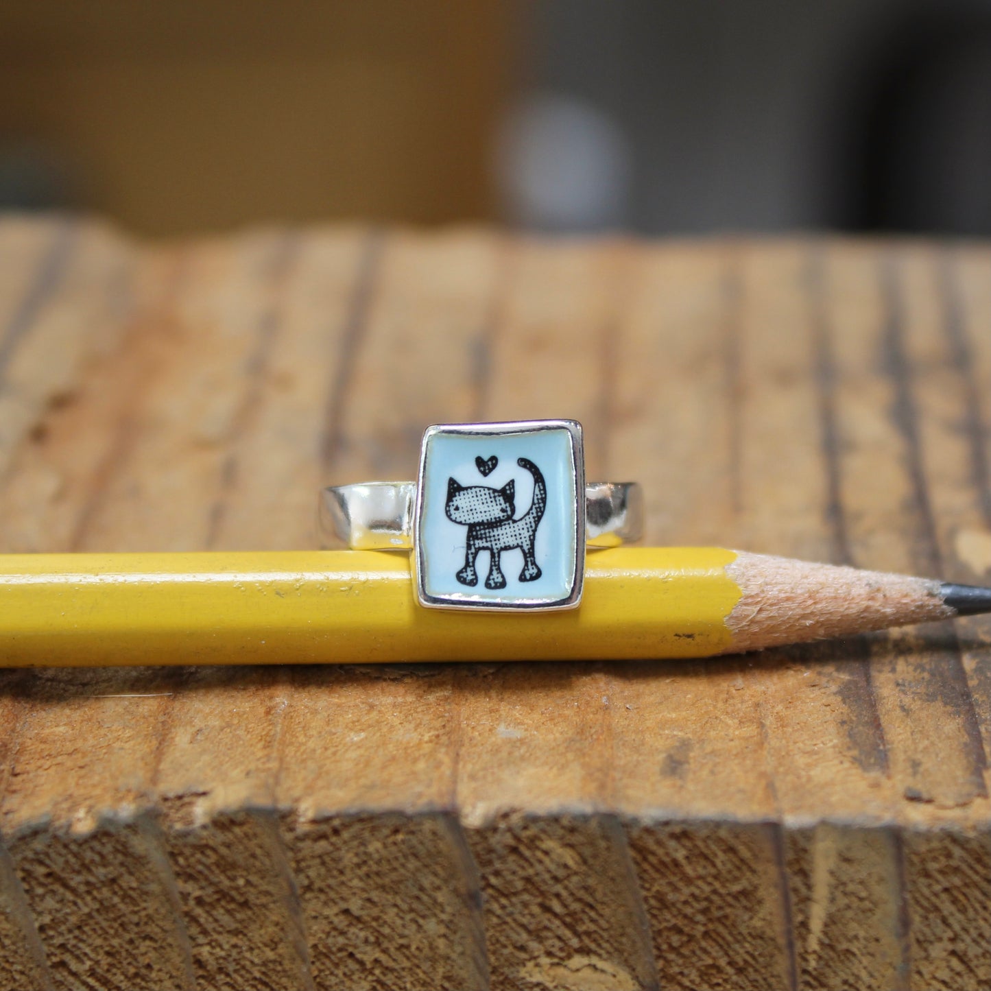 Sterling Silver and Enamel Love Cat Ring - Cat Jewelry - Vintage Style Illustration - Sweet Cat