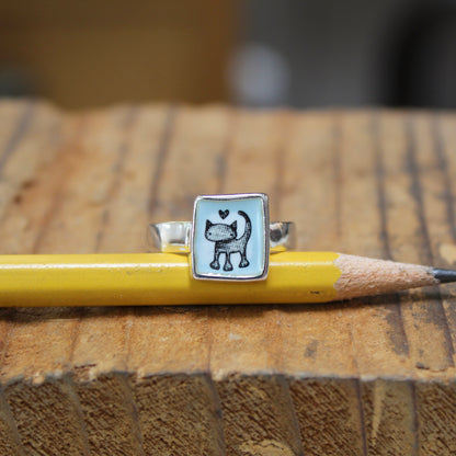 Sterling Silver and Enamel Love Cat Ring - Cat Jewelry - Vintage Style Illustration - Sweet Cat