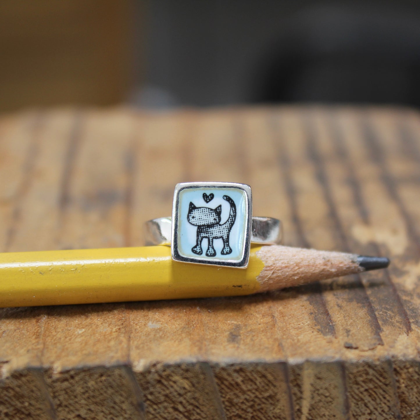 Sterling Silver and Enamel Love Cat Ring - Cat Jewelry - Vintage Style Illustration - Sweet Cat