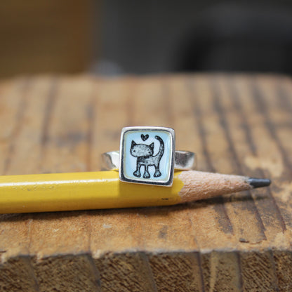 Sterling Silver and Enamel Love Cat Ring - Cat Jewelry - Vintage Style Illustration - Sweet Cat
