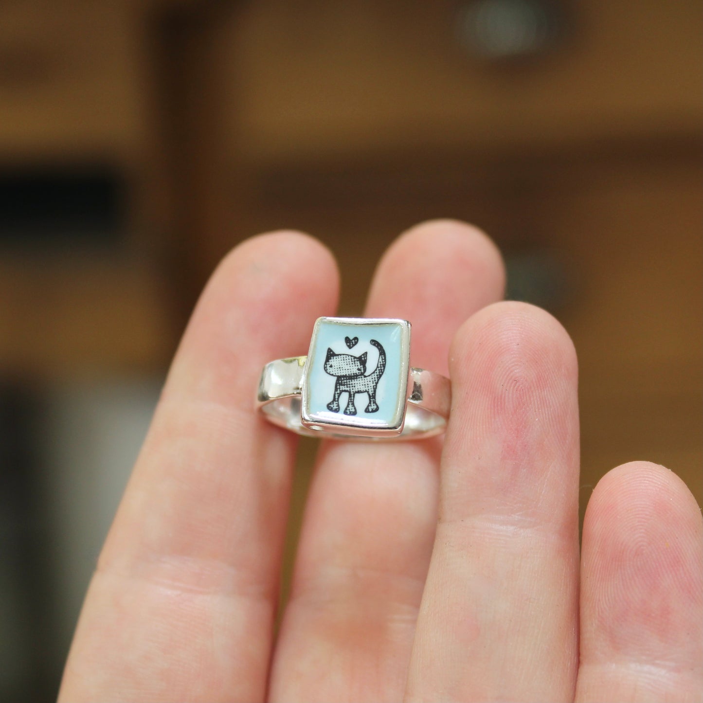 Sterling Silver and Enamel Love Cat Ring - Cat Jewelry - Vintage Style Illustration - Sweet Cat