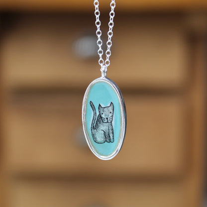 Sterling Silver Reversible Cat Charm Necklace - Unique Cat Person Gift on Adjustable Chain