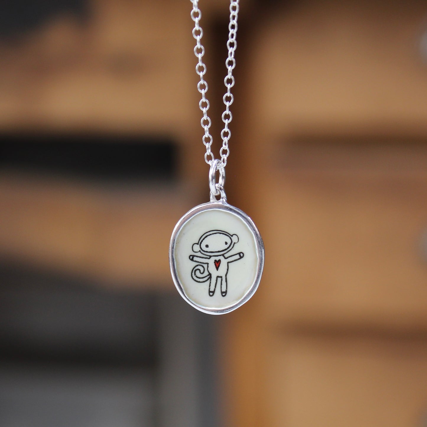 Sterling Silver Sock Monkey Necklace: Enamel Pendant