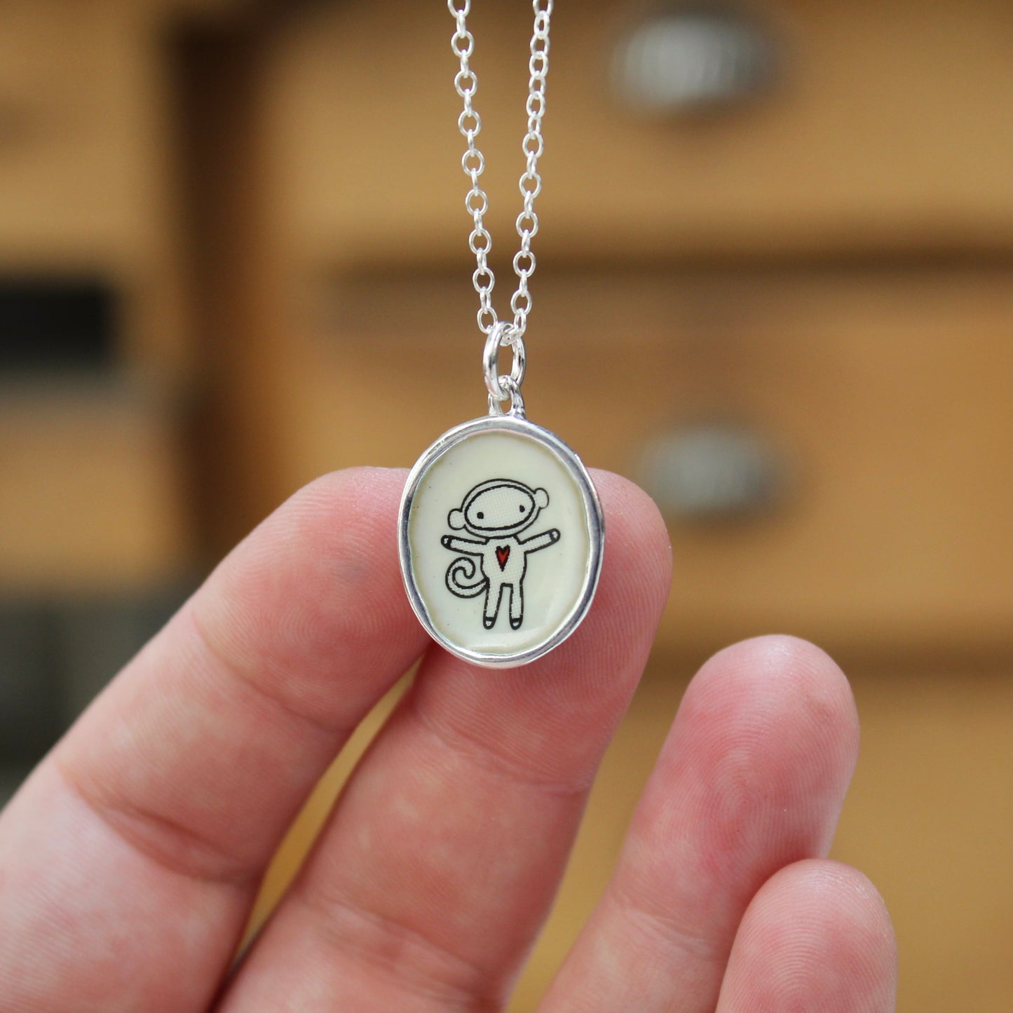 Sterling Silver Sock Monkey Necklace: Enamel Pendant