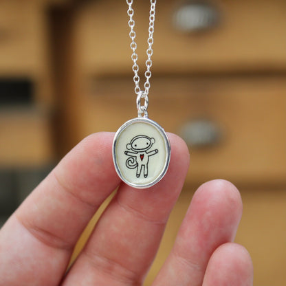 Sterling Silver Sock Monkey Necklace: Enamel Pendant
