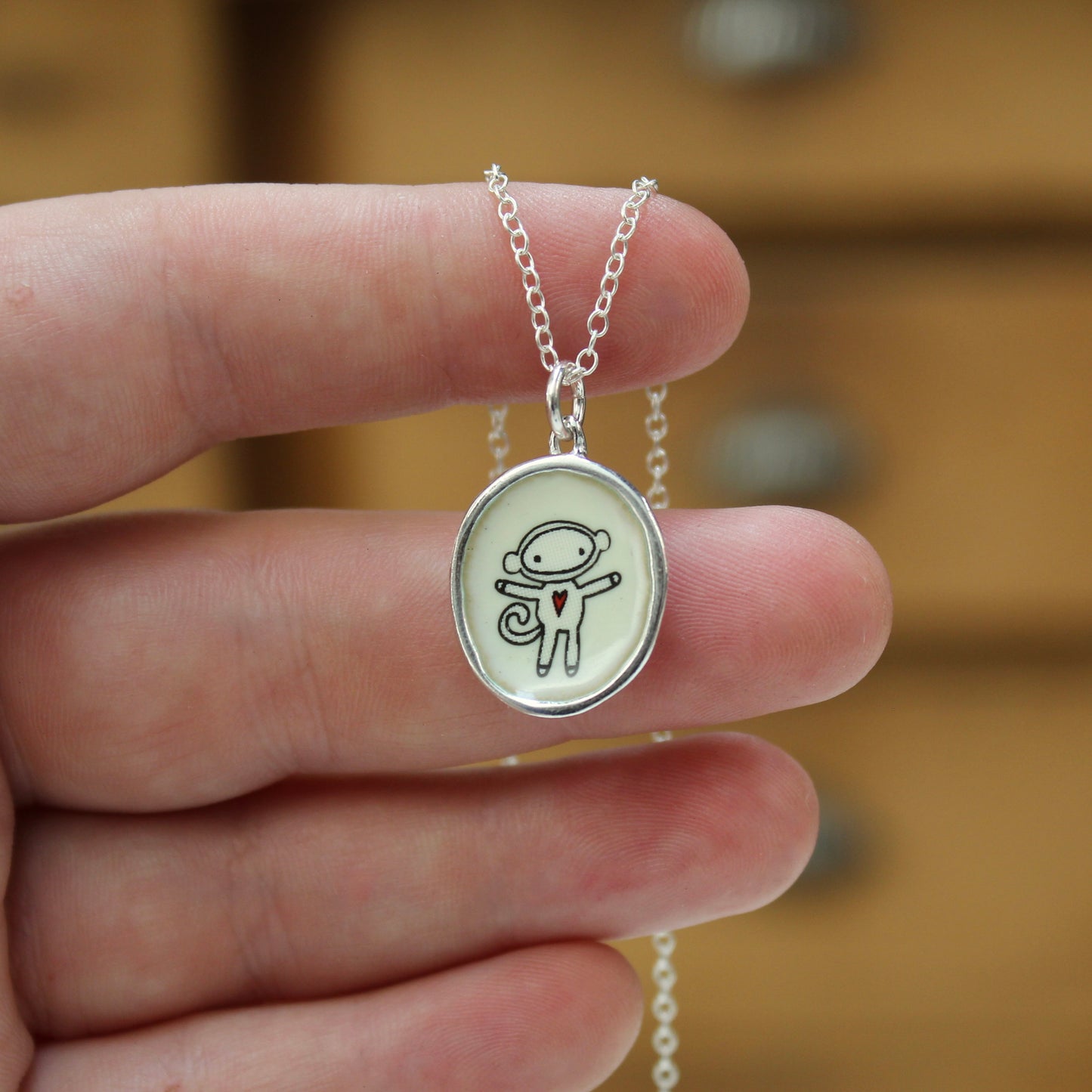 Sterling Silver Sock Monkey Necklace: Enamel Pendant