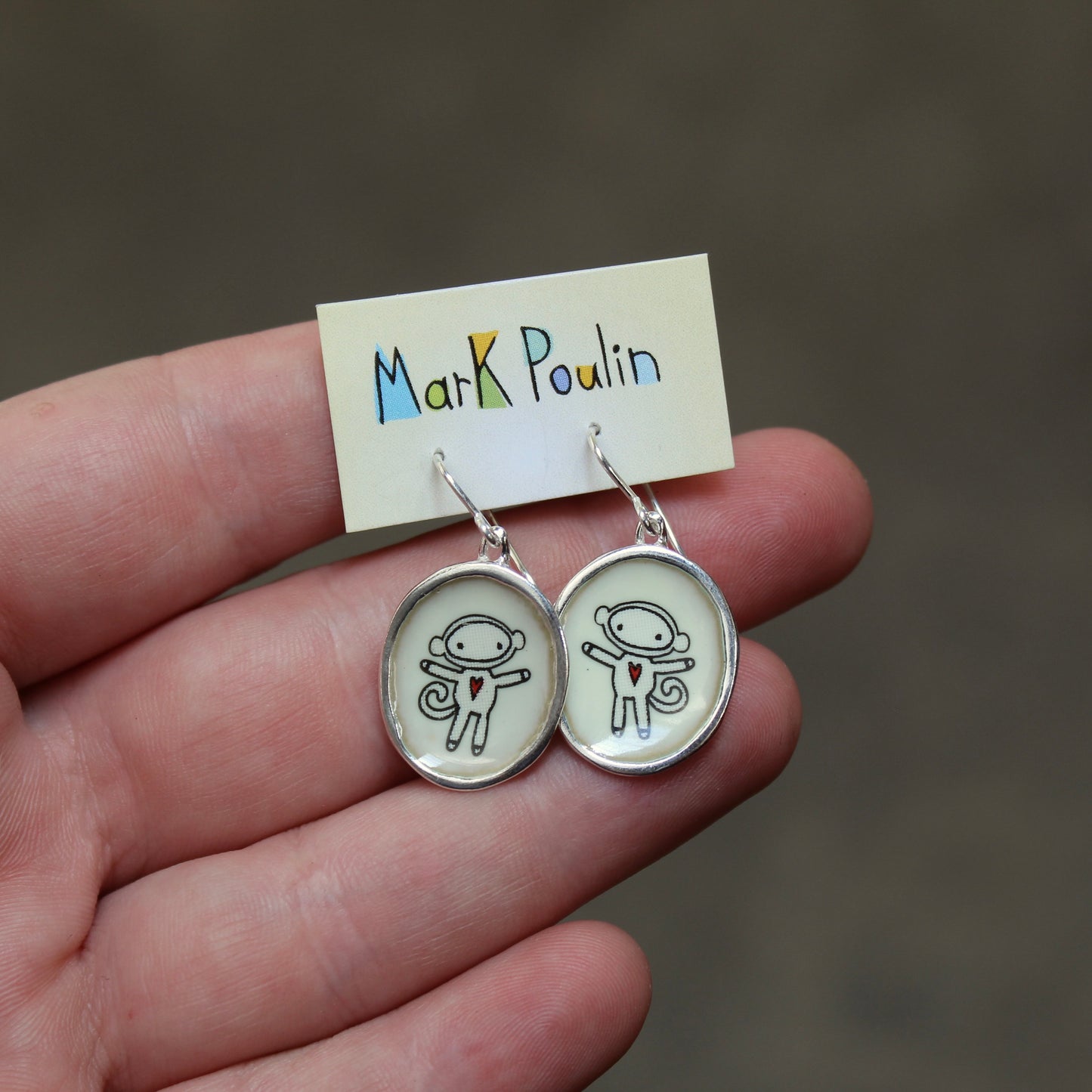 Sterling Silver Sock Monkey Earrings: Enamel Dangles