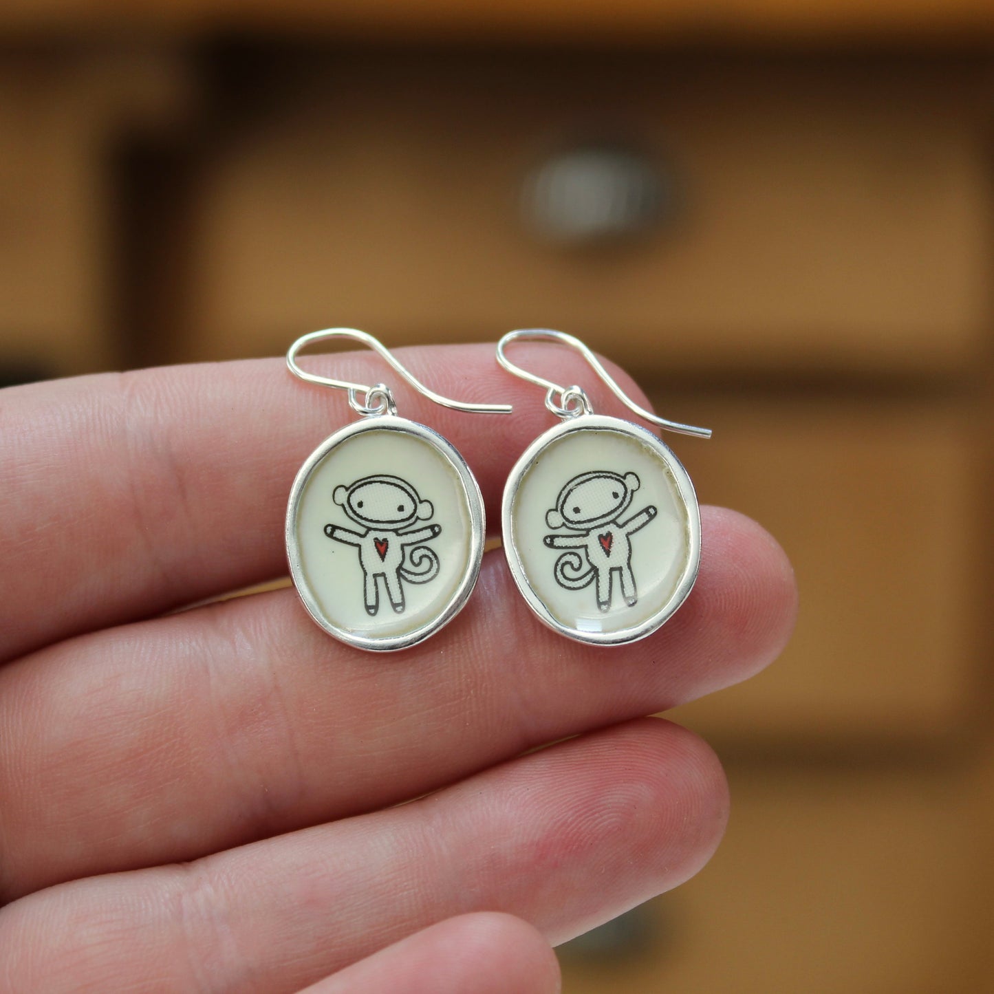 Sterling Silver Sock Monkey Earrings: Enamel Dangles