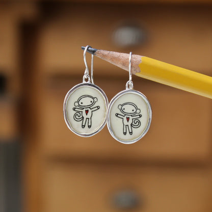 Sterling Silver Sock Monkey Earrings: Enamel Dangles