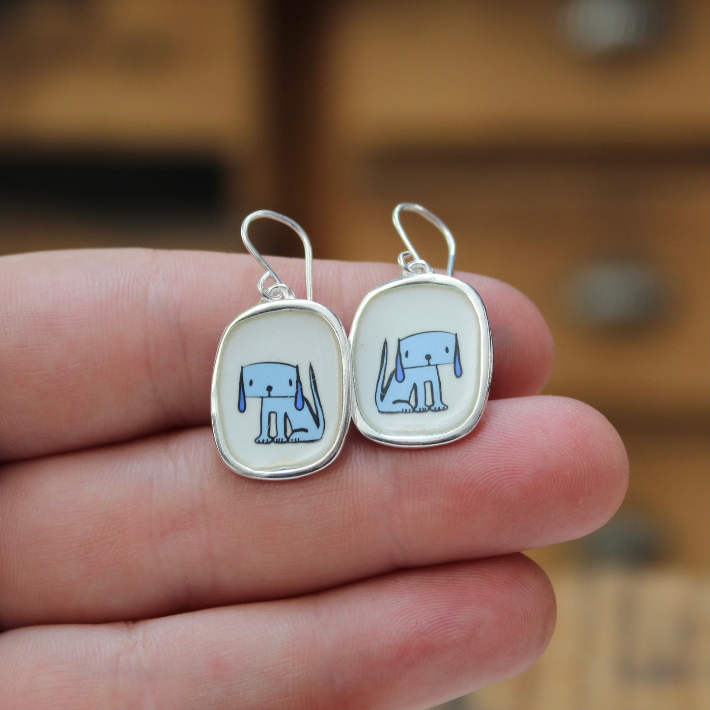 Droopy Dog Earrings - Sterling Silver and Enamel Blue Dog Dangle Earrings