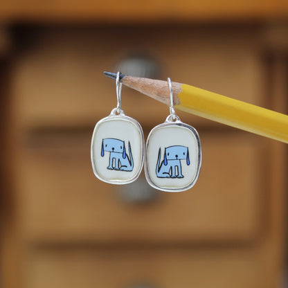 Droopy Dog Earrings - Sterling Silver and Enamel Blue Dog Dangle Earrings