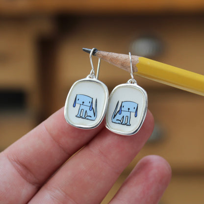 Droopy Dog Earrings - Sterling Silver and Enamel Blue Dog Dangle Earrings