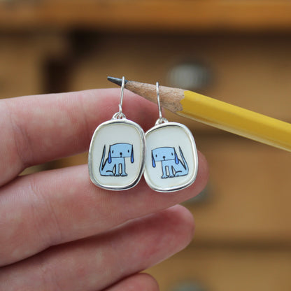 Droopy Dog Earrings - Sterling Silver and Enamel Blue Dog Dangle Earrings