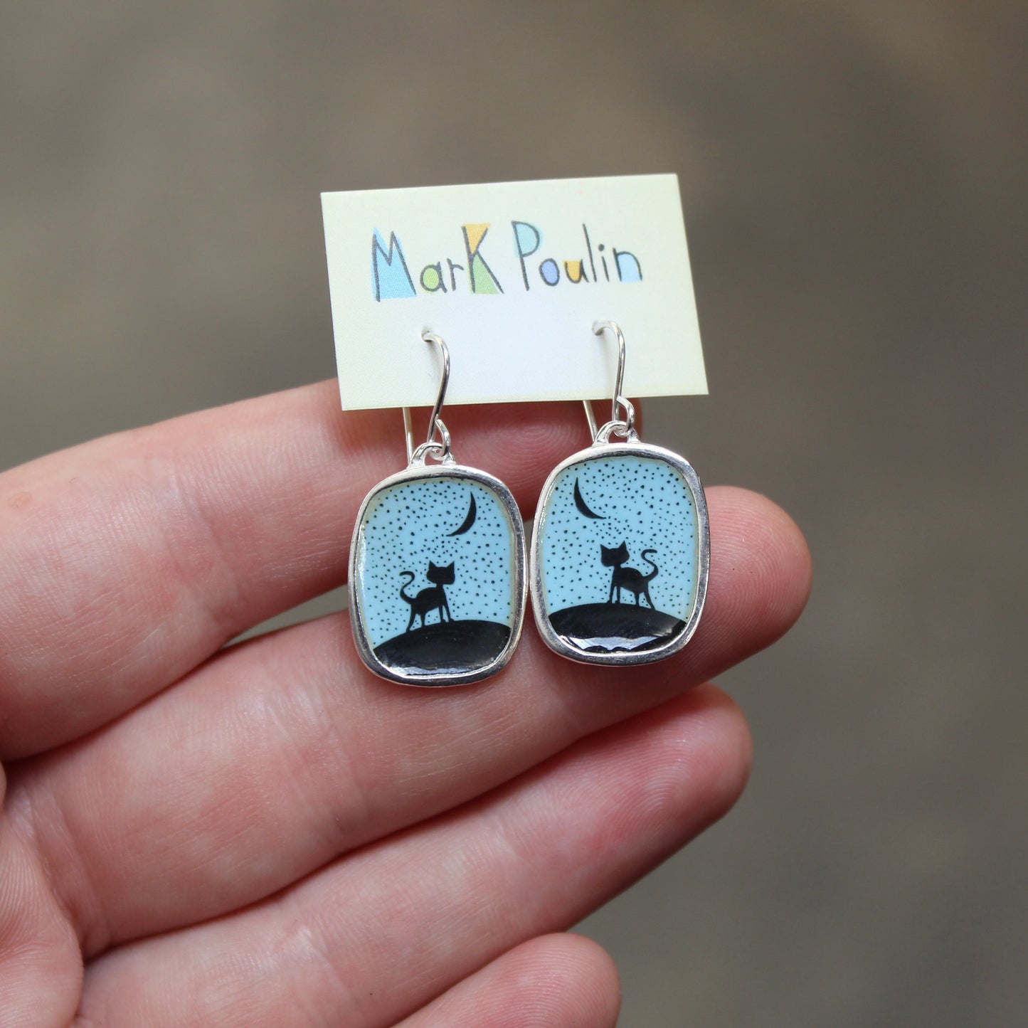 Night Cat Silhouette Earrings - Sterling Silver and Enamel Jewelry