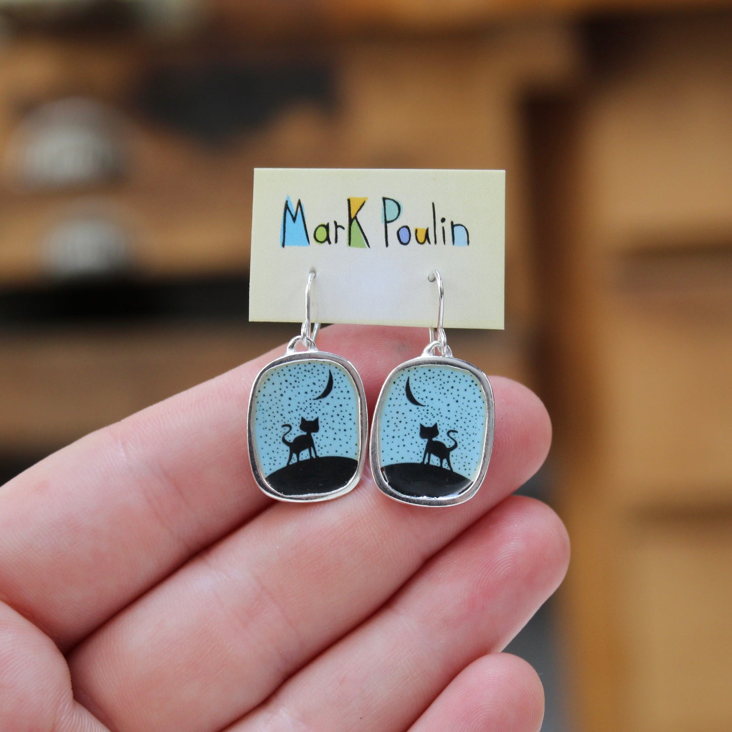 Night Cat Silhouette Earrings - Sterling Silver and Enamel Jewelry