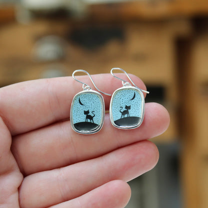 Night Cat Silhouette Earrings - Sterling Silver and Enamel Jewelry