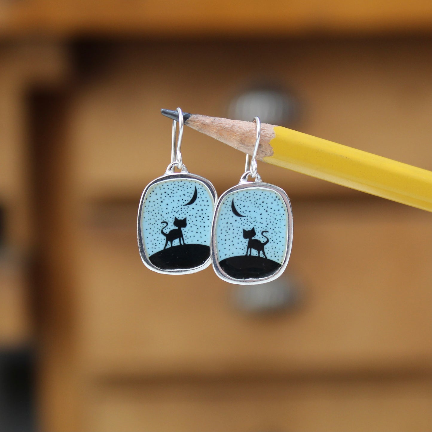 Night Cat Silhouette Earrings - Sterling Silver and Enamel Jewelry