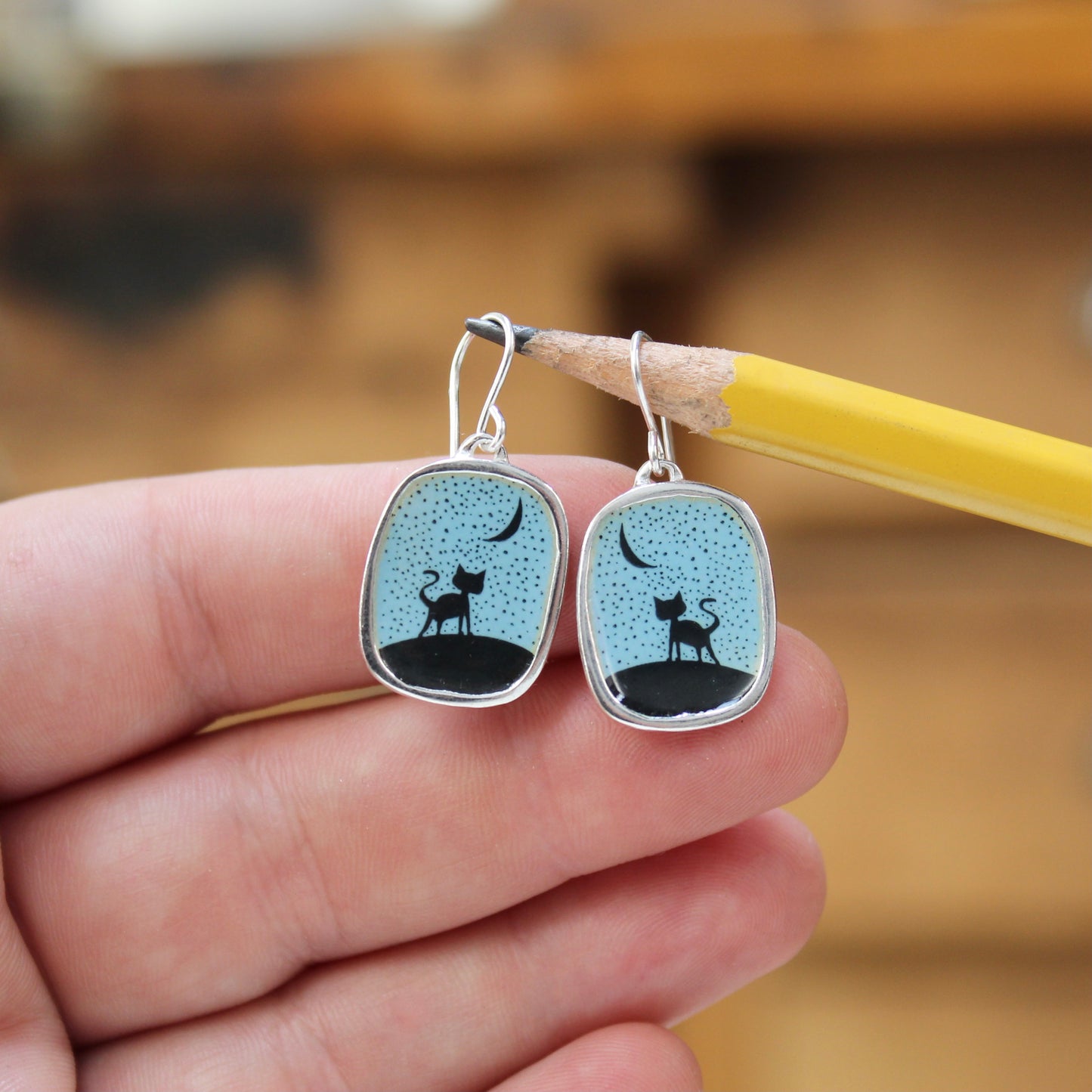 Night Cat Silhouette Earrings - Sterling Silver and Enamel Jewelry