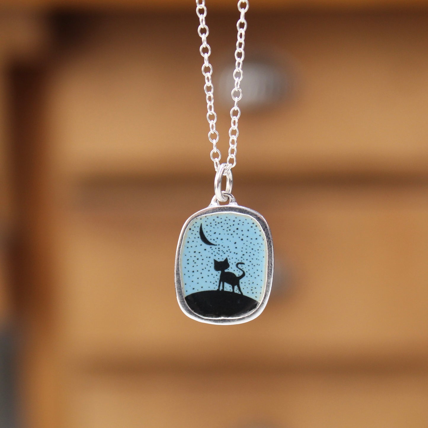 Night Cat Silhouette Pendant - Sterling Silver and Enamel Necklace