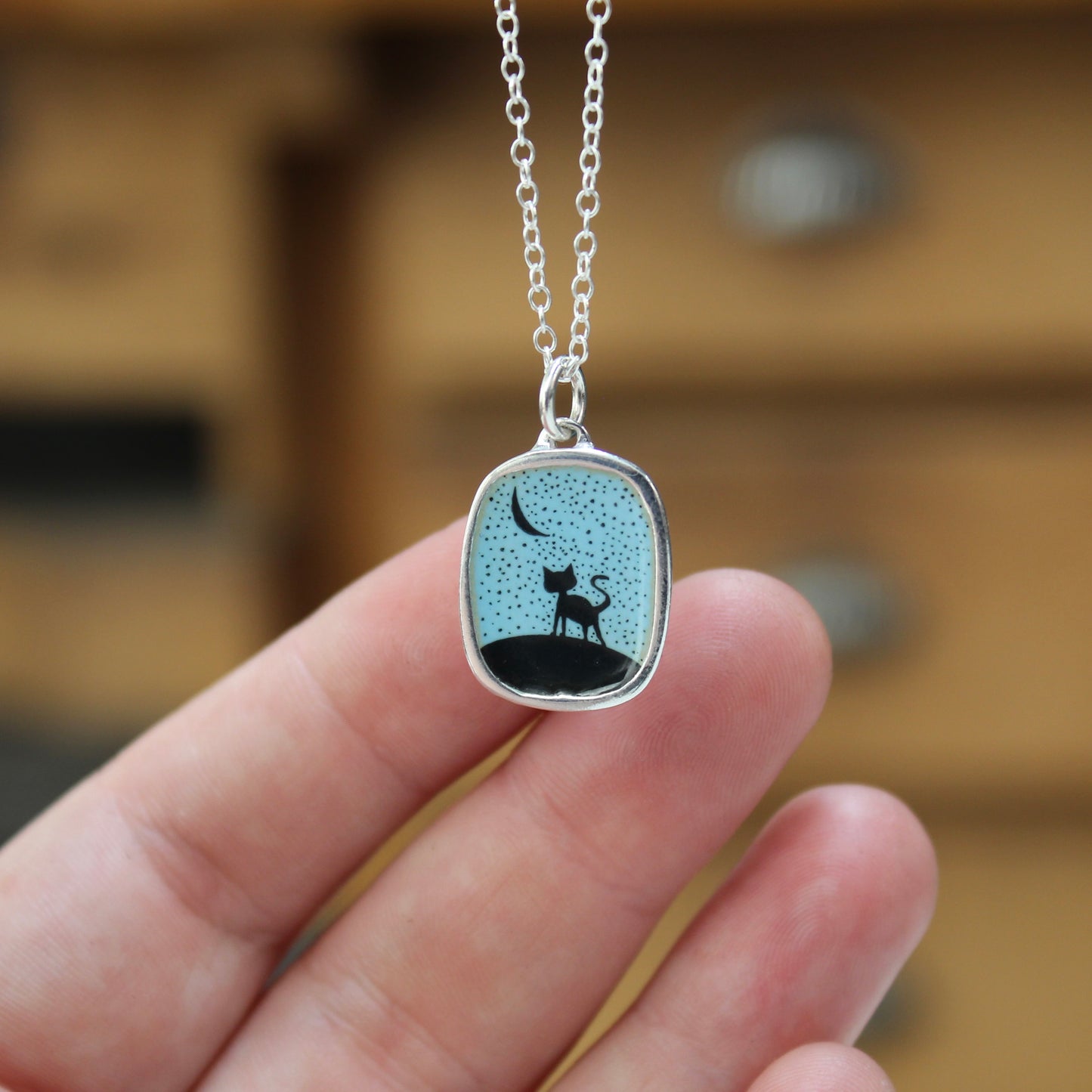 Night Cat Silhouette Pendant - Sterling Silver and Enamel Necklace