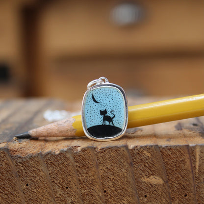 Night Cat Silhouette Pendant - Sterling Silver and Enamel Necklace