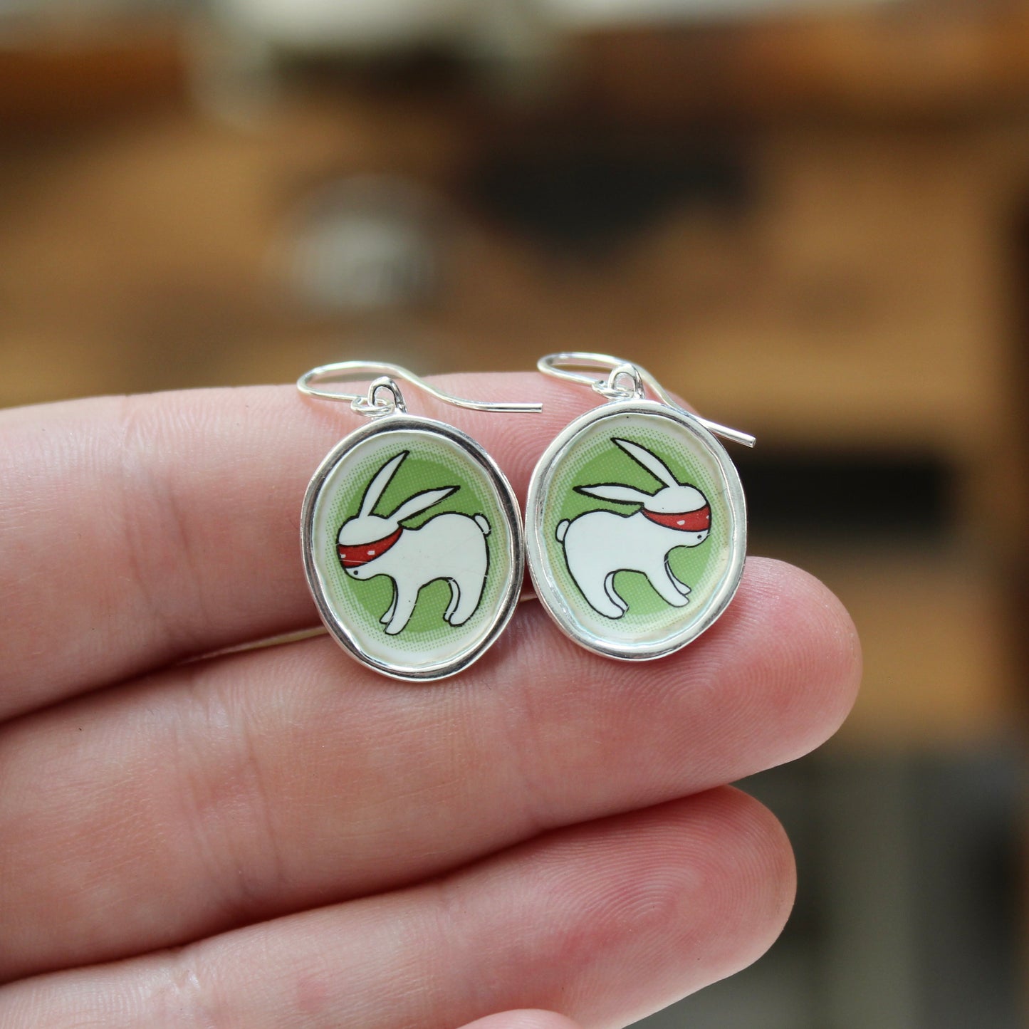 Sterling Silver Ninja Bunny Earrings: Enamel Dangles