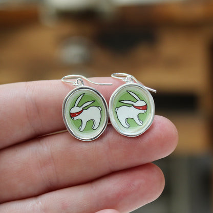 Sterling Silver Ninja Bunny Earrings: Enamel Dangles