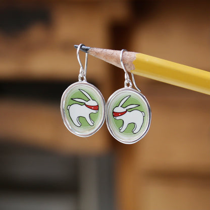 Sterling Silver Ninja Bunny Earrings: Enamel Dangles