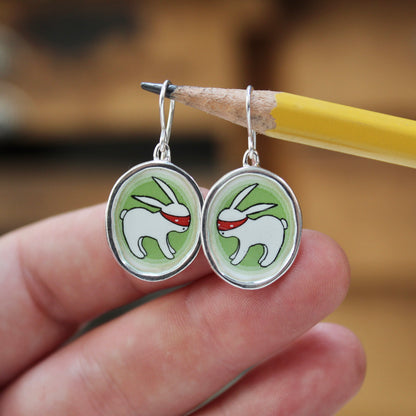 Sterling Silver Ninja Bunny Earrings: Enamel Dangles