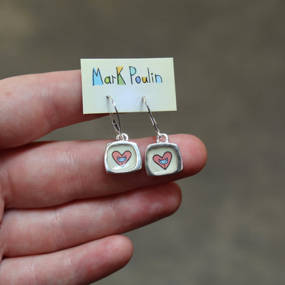 Dainty Cat Heart Earrings - Enamel and Sterling Earrings on Lever Back Ear Wires