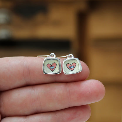Dainty Cat Heart Earrings - Enamel and Sterling Earrings on Lever Back Ear Wires