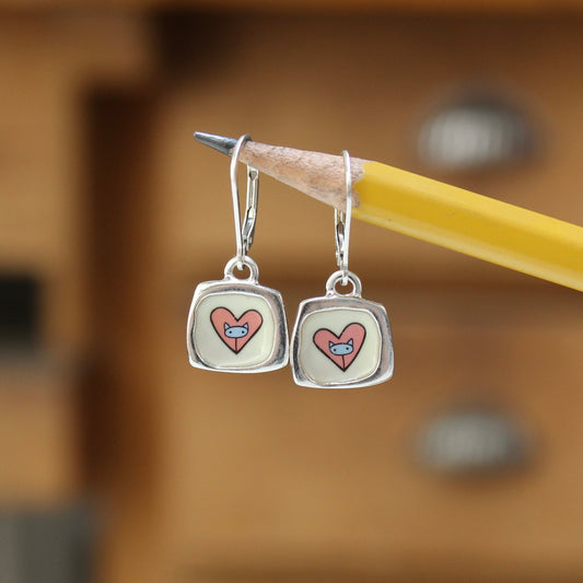 Dainty Cat Heart Earrings - Enamel and Sterling Earrings on Lever Back Ear Wires