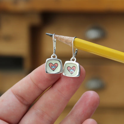 Dainty Cat Heart Earrings - Enamel and Sterling Earrings on Lever Back Ear Wires