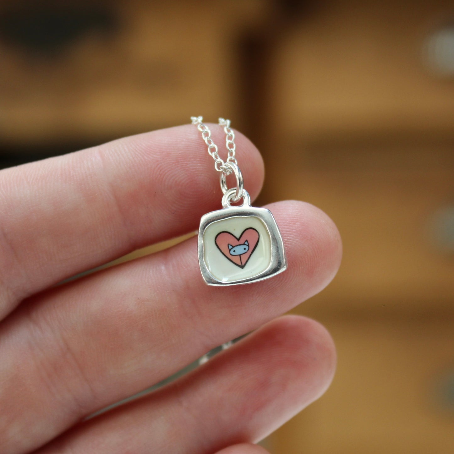 Dainty Cat Heart Necklace - Sterling Silver and Enamel Pendant on Adjustable Chain
