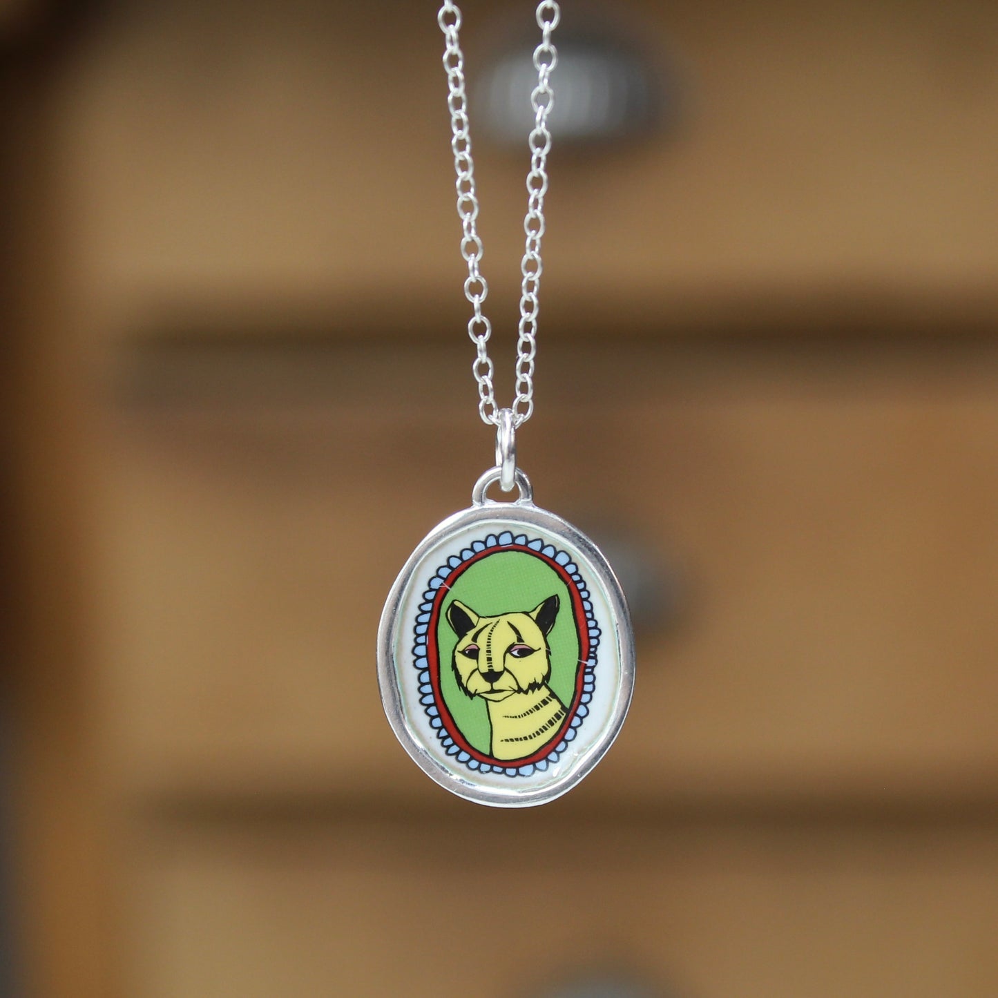 Tiger Portrait Pendant in Sterling Silver and Enamel