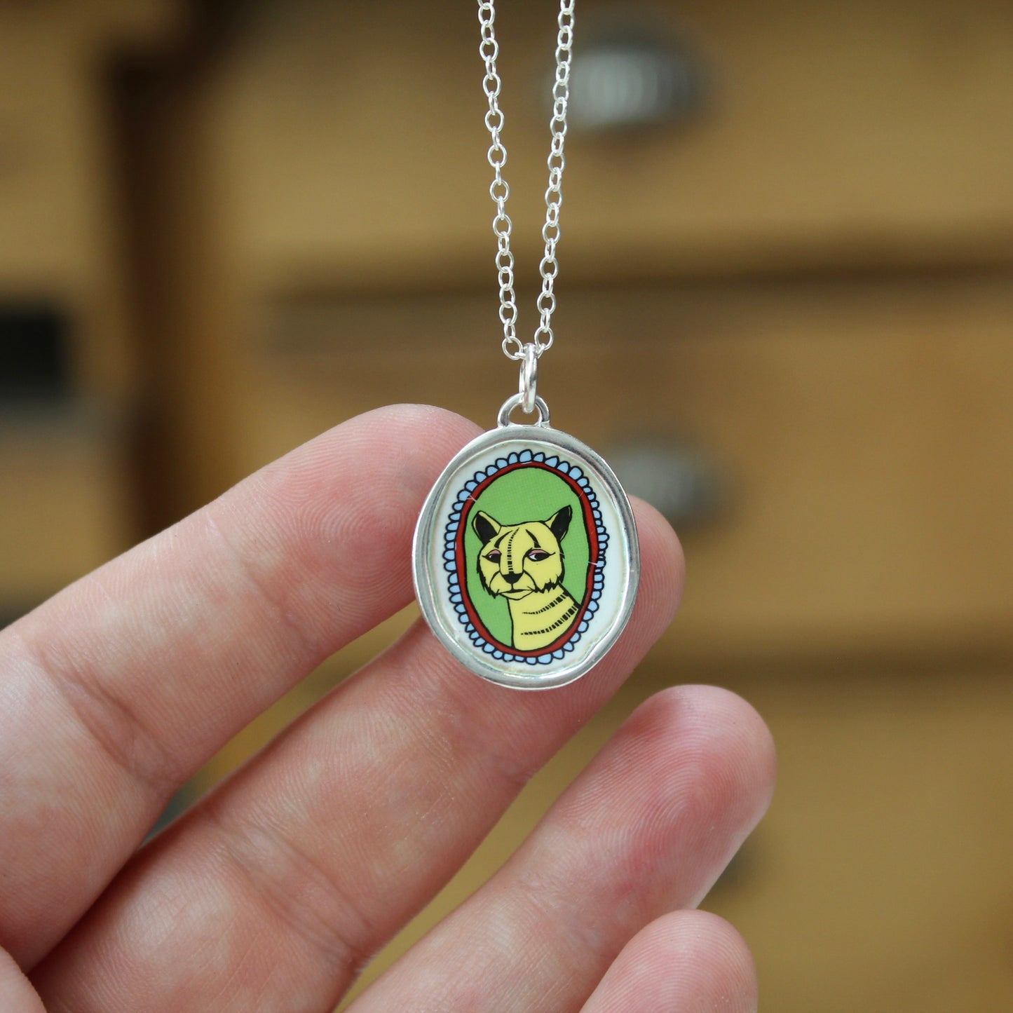Tiger Portrait Pendant in Sterling Silver and Enamel
