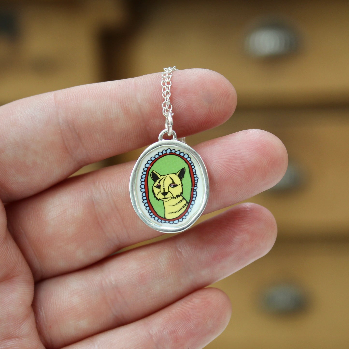Tiger Portrait Pendant in Sterling Silver and Enamel