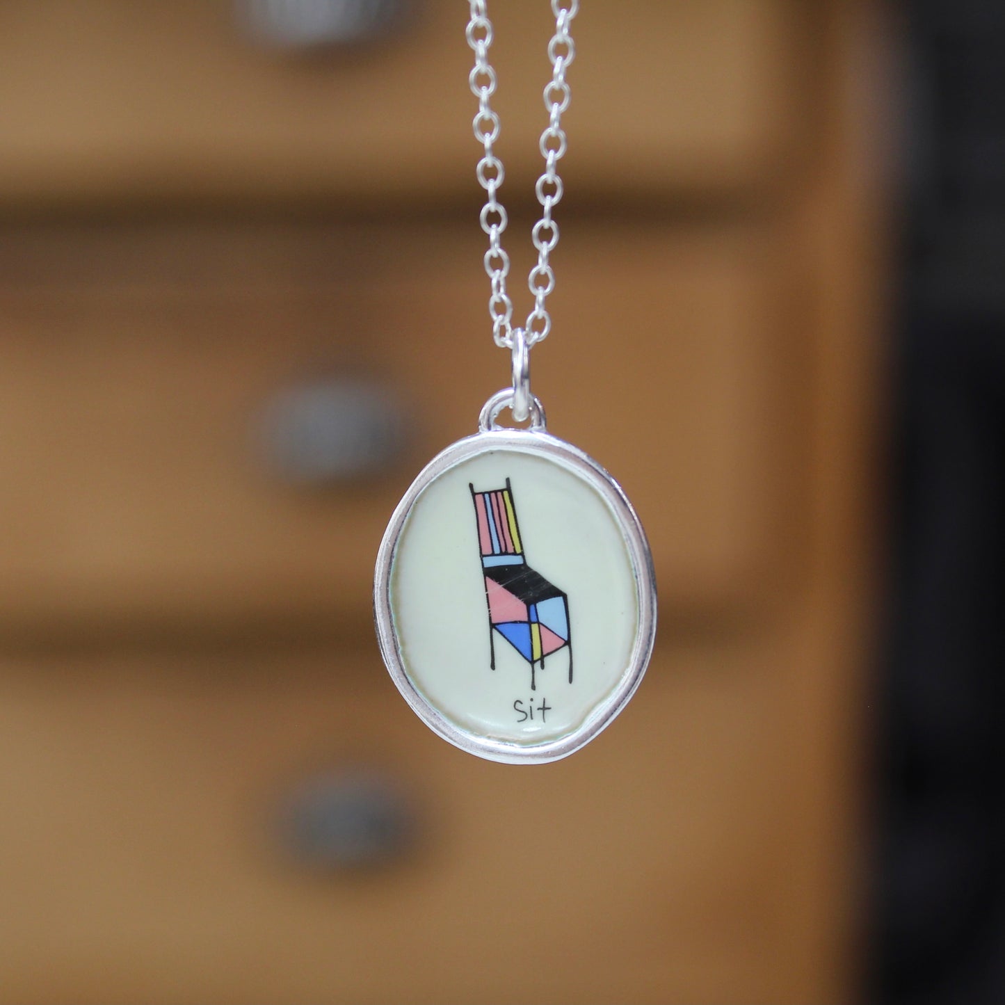 Sculptural Chair Illustration Sterling Silver and Enamel Pendant - "Sit" - Reminder to Relax